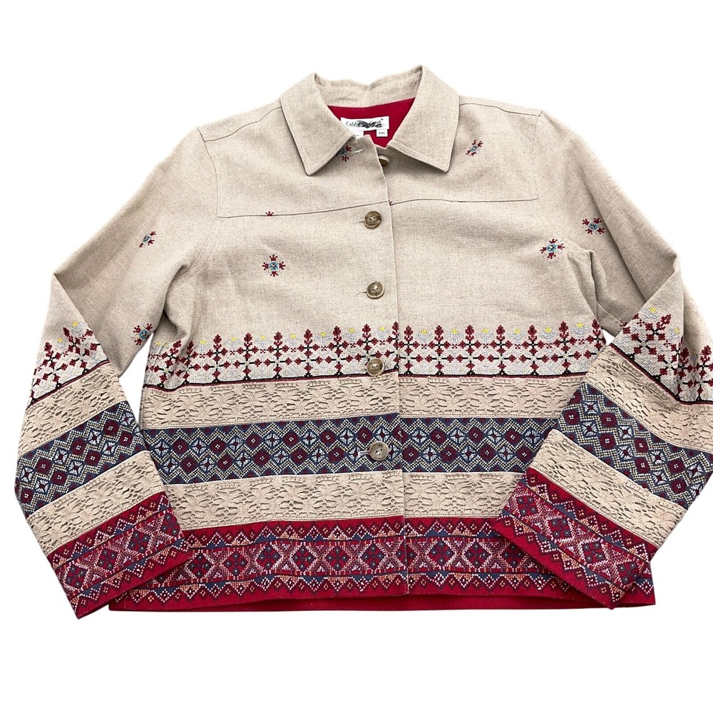Coldwater Creek Jacket‎ Women Medium Petite Beige Red Quilt Icelandic Linen